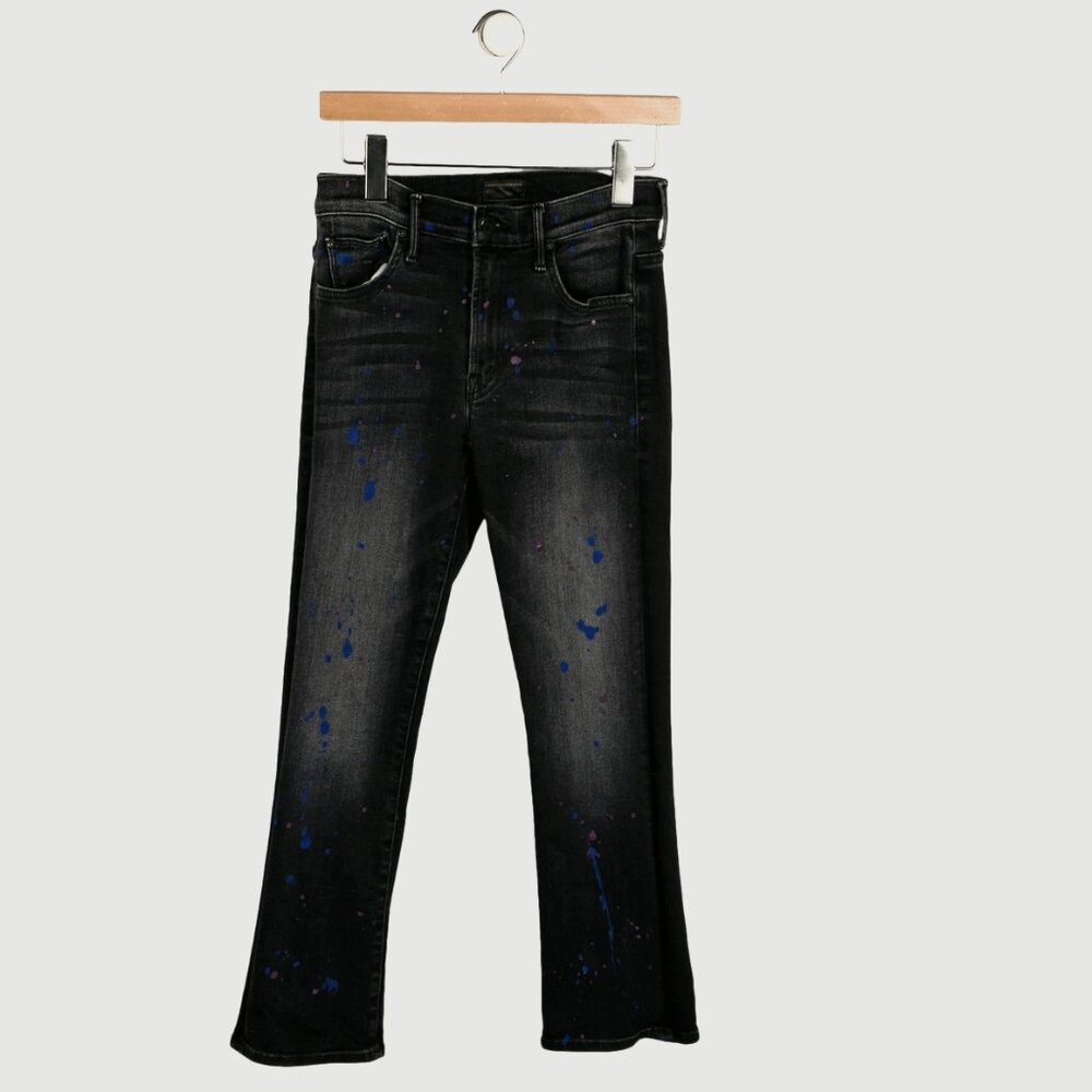 Mother Mid-Rise Wide Leg Black Jeans w/ Pattern, Size 26